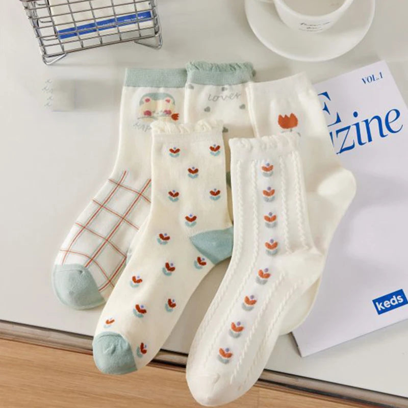 5 Pairs/Lot Socks Women's Cotton Print Short Ankle Set White Sports Cycling Running Compression Summer Breathable-belleandkai.com