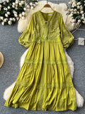 Summer New Retro Lace Patchwork Dress for Women Sweet V-neck Lantern Sleeves Loose A-line Length Vacation Beach Dress D05-belleandkai.com