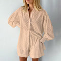 Women Jacquard Puff Sleeves Two Piece Sets for Summer Fashion Loose Shorts and Long Sleeved Shirt Outfits-belleandkai.com