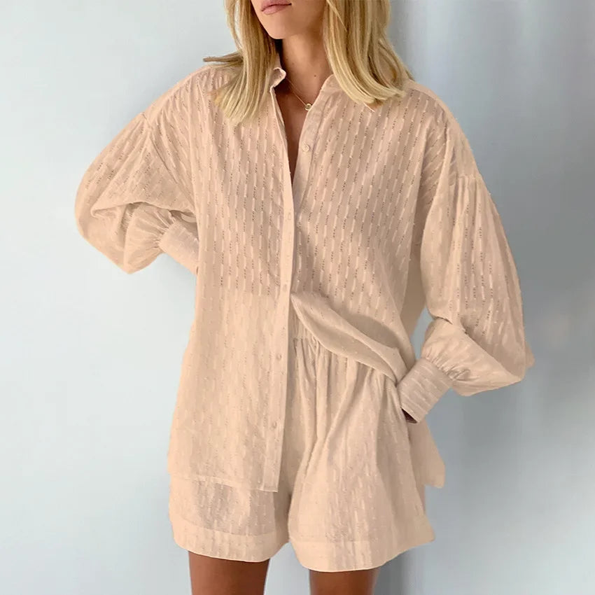 Women Jacquard Puff Sleeves Two Piece Sets for Summer Fashion Loose Shorts and Long Sleeved Shirt Outfits-belleandkai.com
