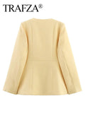 TRAFZA Female Autumn Fashion Yellow Blazer Long Sleeves Solid O Neck Single Breasted Casual Office Lady Outerwear Elegant Coats-belleandkai.com