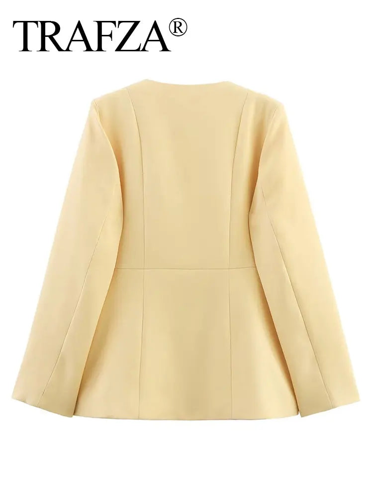 TRAFZA Female Autumn Fashion Yellow Blazer Long Sleeves Solid O Neck Single Breasted Casual Office Lady Outerwear Elegant Coats-belleandkai.com