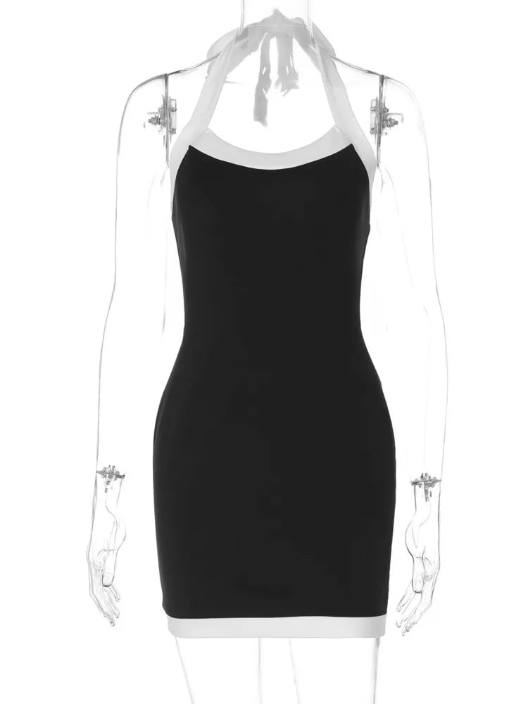Mozision Halter Backless Sexy Mini Dress Women Patchwork Contrasting Colors Off-shoulder Sleeveless Lace-up Club Party Dresses-belleandkai.com