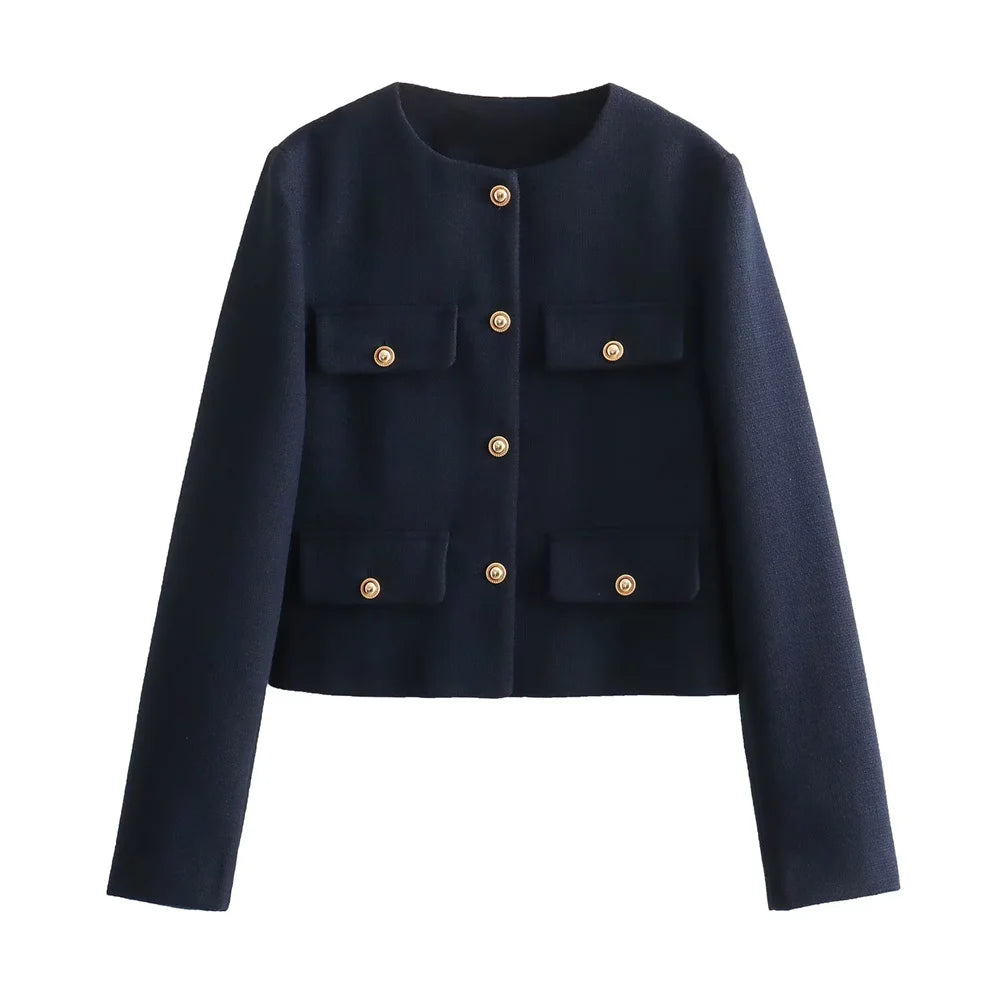 UNIZERA Winter New Product Women's Fashion and Casual Versatile Round Neck Flip Decoration Short Suit Coat-belleandkai.com