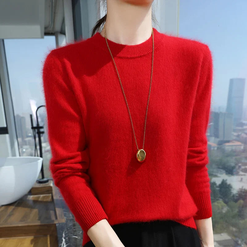 Autumn Winter Half-High-Necked Mink Cashmere Sweater Women's Pullover Loose Large Size Knitted Bottoming Shirt Thickened Warm-belleandkai.com