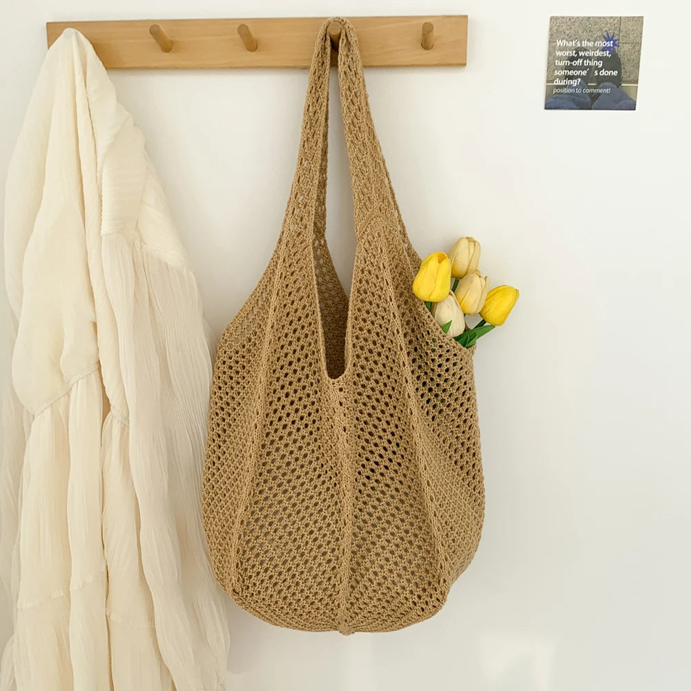 Women Crochet Tote Bag Mesh Beach Bag Large Capacity Fashion Knitted Bag Solid Color Simple Shopping Bag for Travel Vacation-belleandkai.com