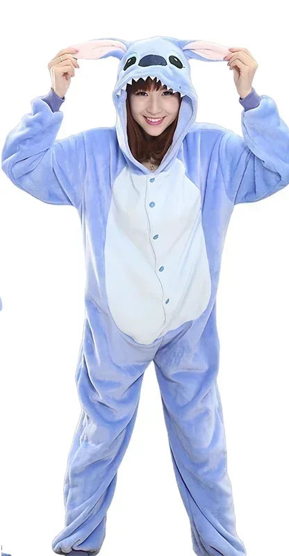 Disney Stitch Winter Adult Jumpsuit Men's and Women's Sleepwear Set Integrated Halloween Christmas Hooded Anime Jumpsuit-belleandkai.com