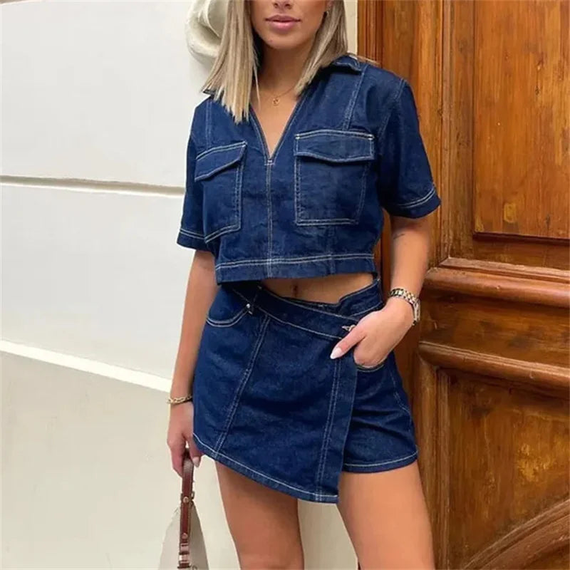 TRAF Blue Denim Shirt Woman Short Sleeve Cropped Shirt Women Summer Short Tops Woman Streetwear Y2k Stylish Women's Blouse-belleandkai.com