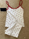 Strawberry Vest Shorts 2 Pieces Set Woman Eyelet Bow Slim Tank Top with Elastic Waist Patchwork Straight Short Pant Sweet Sets-belleandkai.com