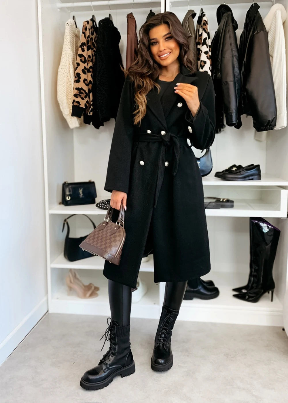 Women's Woolen Coat Autumn Winter Vintage Elegant Double Breasted Trench Coat Women Brown Long Sleeved Midi Windbreaker Jacket-belleandkai.com