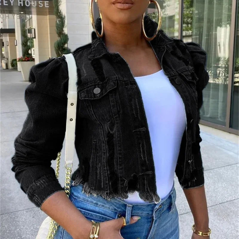 Fashion Bubble Long Sleeve Lapel Button Splicing Denim Jacket Female Broken Holes Tassel Outerwear Trend Streetwear Women's Coat-belleandkai.com