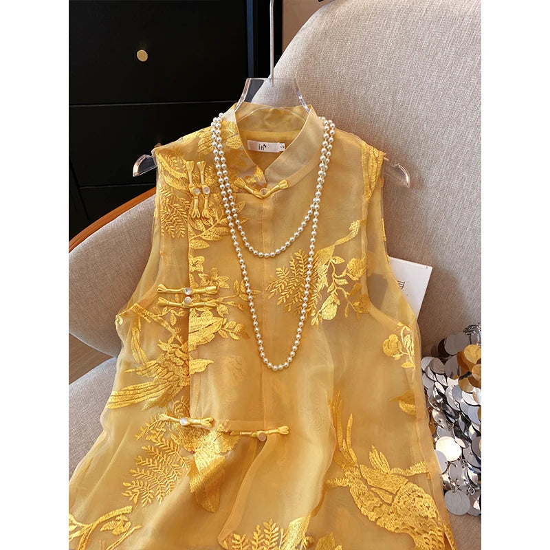 Vintage Vest Shirt New Chinese Style Embroidered Stand Collar Organza Vest Spring and Summer Temperament Women's Clothing-belleandkai.com