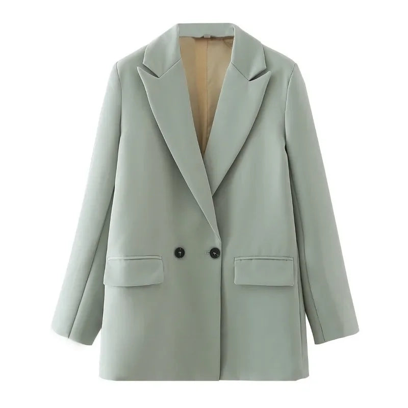 Winter Women Apricot Blazer Coat 2025 Lady Vintage Double Breasted Blazer Notched Collar Pocket Female Outerwear Chic Tops Deat-belleandkai.com