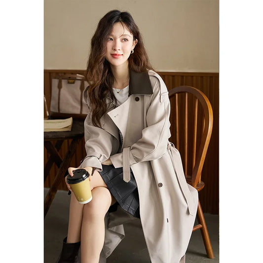 Women's Trench  Detachable Double Layer Leather Collar Solid Loose Double Breasted  A-LINE Coats-belleandkai.com