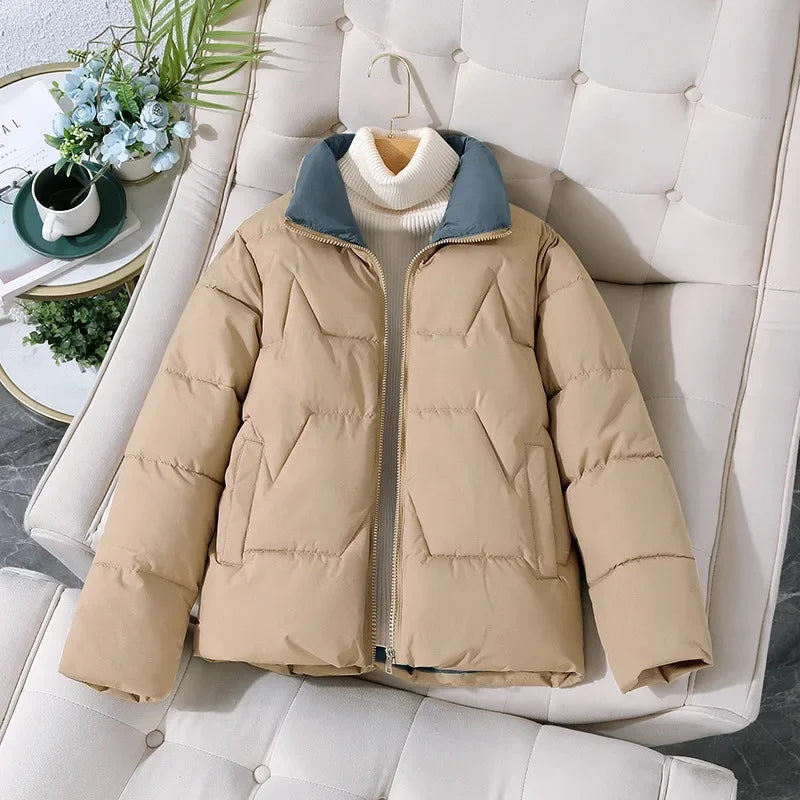 Women's Thickened Short Cotton Jacket 2025 Loose Fit Stand Collar Autumn Winter Fashion Outerwear Versatile Cotton Coat-belleandkai.com