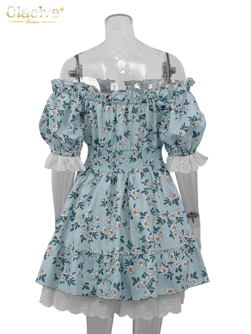 Clacive Summer Slim Print Women's Dress Fashion Slash Neck Short Sleeve Mini Dresses Elegant High Waist Patchwork Female Dress-belleandkai.com