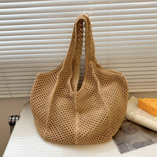 Women Crochet Tote Bag Mesh Beach Bag Large Capacity Fashion Knitted Bag Solid Color Simple Shopping Bag for Travel Vacation-belleandkai.com