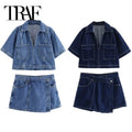 TRAF Blue Denim Shirt Woman Short Sleeve Cropped Shirt Women Summer Short Tops Woman Streetwear Y2k Stylish Women's Blouse-belleandkai.com