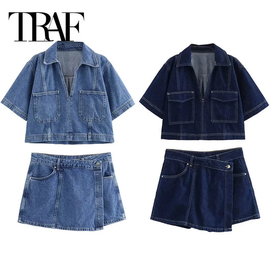 TRAF Blue Denim Shirt Woman Short Sleeve Cropped Shirt Women Summer Short Tops Woman Streetwear Y2k Stylish Women's Blouse-belleandkai.com