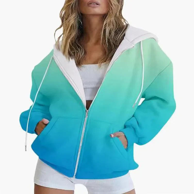 Autumn new gradient 3D digital printed casual long sleeved zipper hooded sweatshirt for women-belleandkai.com