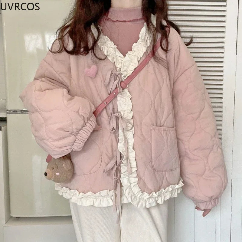 Korean Style Cute Loose Warm Winter Jacket Women Chic Ruffle Neck Sweet Parkas Overcoat Japanese Harajuku Kawai Padded Coat 2023-belleandkai.com