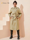 FSLE Women Trench Khaki Autumn Long Trench Coats Turn Down Collar Full Sleeve 100% Cotton Women Oversized Trench 24FS11325-belleandkai.com