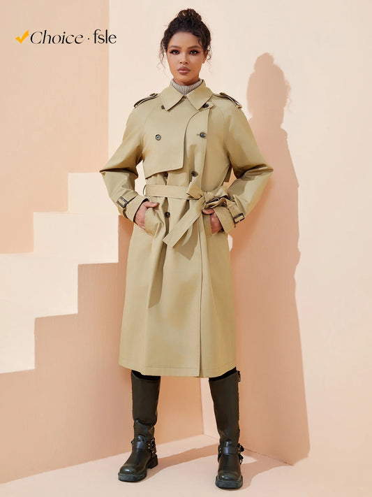 FSLE Women Trench Khaki Autumn Long Trench Coats Turn Down Collar Full Sleeve 100% Cotton Women Oversized Trench 24FS11325-belleandkai.com