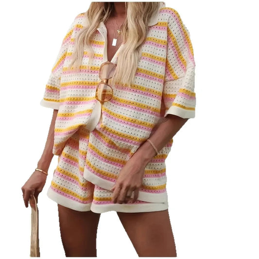 2025 Women's Summer New Style Casual Loose Lapel Hollow Fashion Striped Shorts Set Vacation Single Breakfast 2-piece Shorts Set-belleandkai.com
