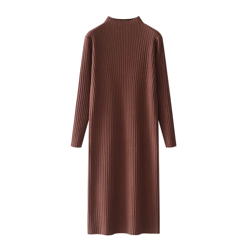 Women Autumn Winter Casual Mock Neck Solid Dress Inner Layer Long Sleeved Knit Dress Loose Mid-Length Versatile Sweater Dress-belleandkai.com