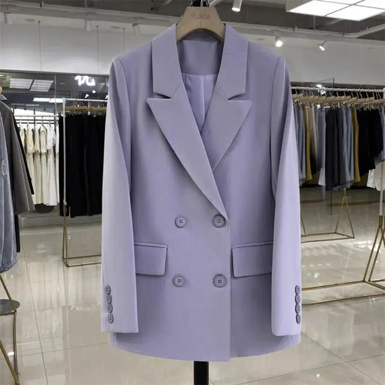 Women's Blazer Double Breasted Office Wear Suit Coats 2025 Fashion Jackets Long Sleeve Flap Pockets Chic Female Outerwear-belleandkai.com
