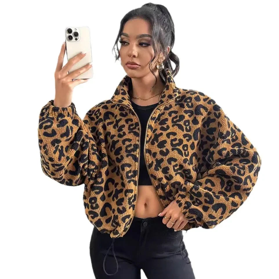 Flash Fleece Loose Cardigan Zipper Leopard Print Plush Autumn Winter New Arrival Women's Outerwear Thickened Long Sleeve Coat-belleandkai.com