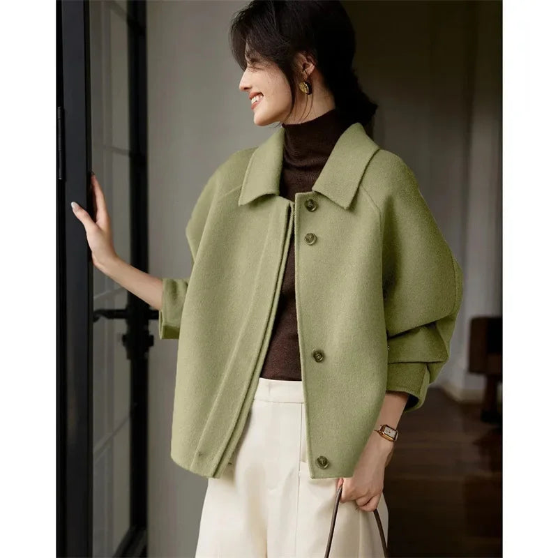 Long Sleeves Wool Blend Female Outwear Korean Large Size 4XL Woolen Short Ladies Jacket Winter Flip Collar Woolen Women Coat-belleandkai.com