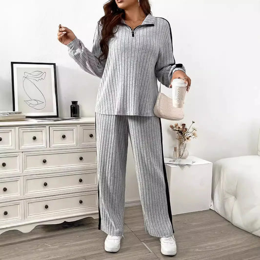 Women's Ribbed Sportswear Set Polo Lapel V-Neck Zipper Top Casual Solid Color Autumn and Winter Women 2 Piece Sets Women Outfit-belleandkai.com