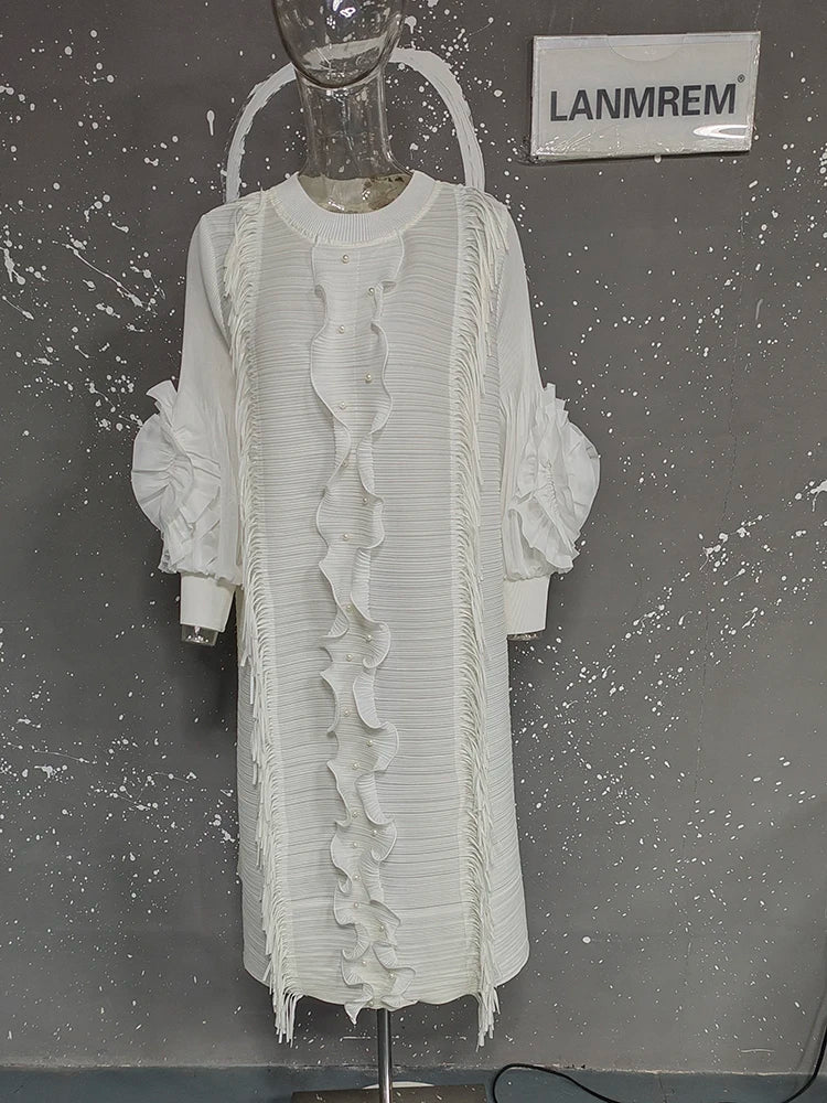 LANMREM Pleated Dress For Women V Neck Long Sleeves Solid Color Loose Big Size Female Elegant Clothing 2025 Spring New 2DB1281-belleandkai.com