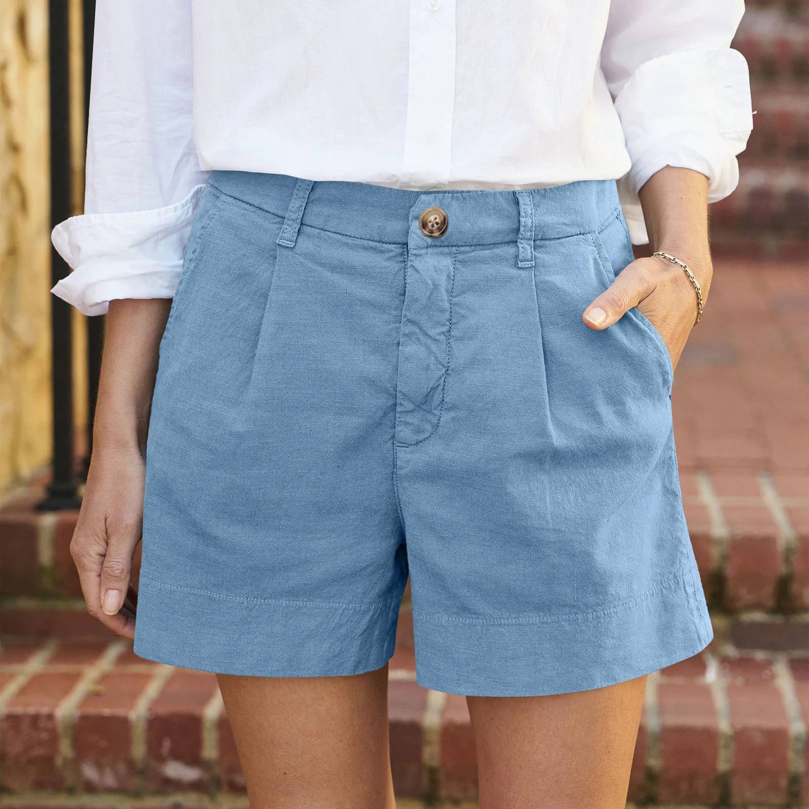Women'S Summer Shorts Soft Stretch Twill Shorts With Side Pockets Classic Solid Straight Button Daily Commute Comfy Shorts-belleandkai.com