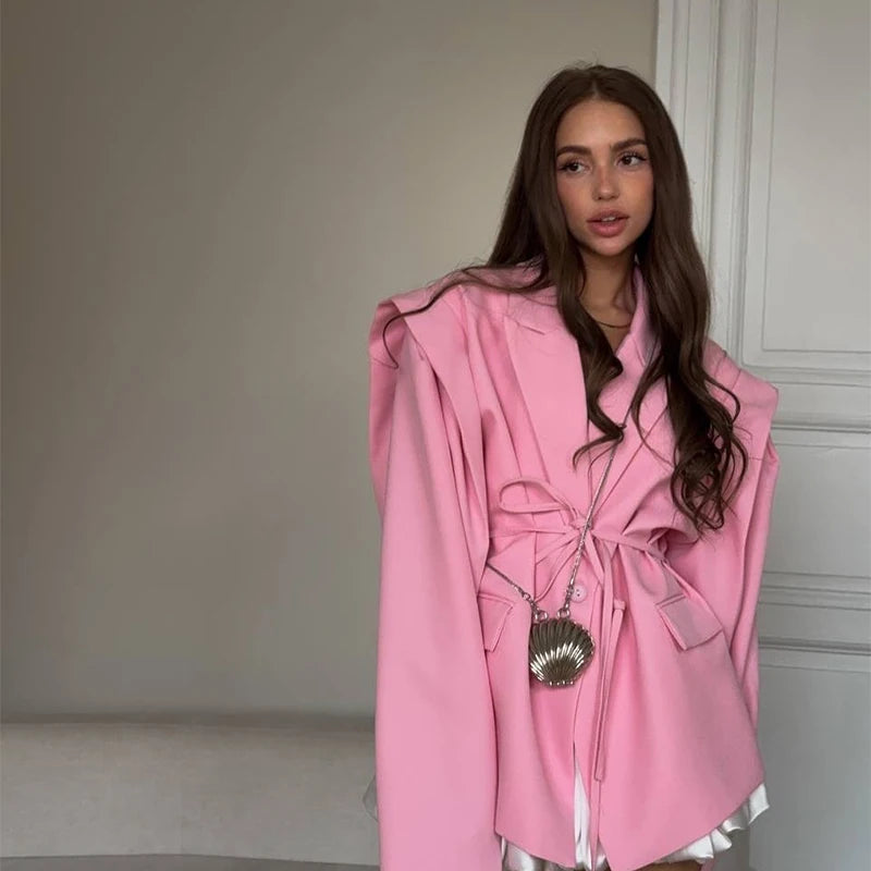 Lace Up Waist Cinched Suit Jacket Coat Blazer Shoulder Pad Strap Commuter Women Mid Length Overcoat Professional Formal Attire-belleandkai.com