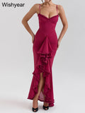 Wishyear Women Sexy Spaghetti Strap Ruffle Irregular Bodycon Long Dress Elegant Boho Beach Party Evening Prom Birthday Vestidos-belleandkai.com