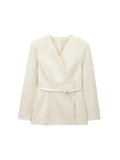 TRZA Women's Chic V-Neck Blazer Coat with Belt Long Sleeve Snap-Button Fashion Outerwear Top-belleandkai.com