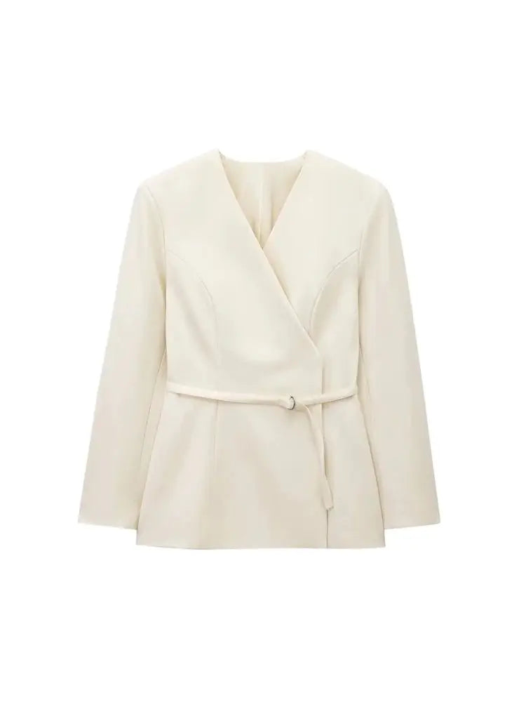 TRZA Women's Chic V-Neck Blazer Coat with Belt Long Sleeve Snap-Button Fashion Outerwear Top-belleandkai.com