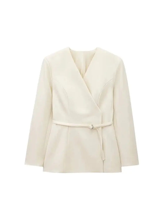 TRZA Women's Chic V-Neck Blazer Coat with Belt Long Sleeve Snap-Button Fashion Outerwear Top-belleandkai.com