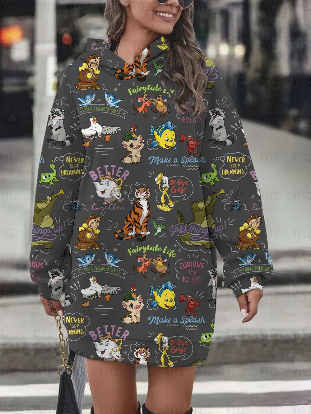 Women's hooded pullover sweatshirt fashion loose autumn and winter hoodie Disney chic retro print long-sleeved dress-belleandkai.com