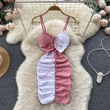 Foamlina Sexy Night Club Dress Women Summer Elegant Color Match Mini Bodycon Dress Strap Sleeveless Cut Out Ruched Party Dress-belleandkai.com
