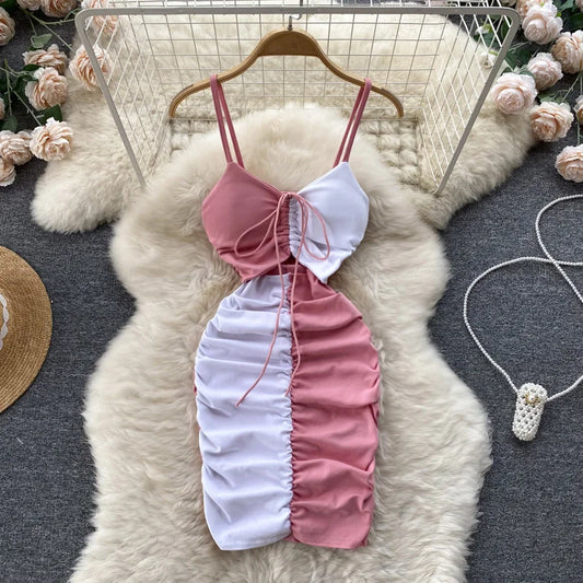 Foamlina Sexy Night Club Dress Women Summer Elegant Color Match Mini Bodycon Dress Strap Sleeveless Cut Out Ruched Party Dress-belleandkai.com