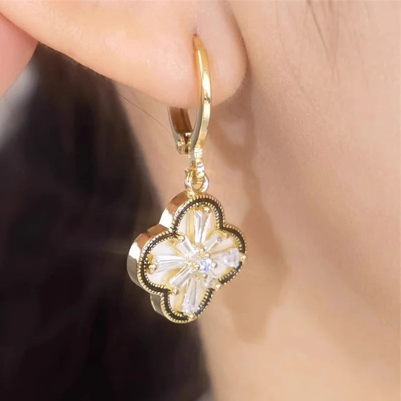 EVISPOL Clover Premium Dangle Hoop Eearring for Women Popular French Small Flower Stud Earrings Flora Pendant Earrings-belleandkai.com