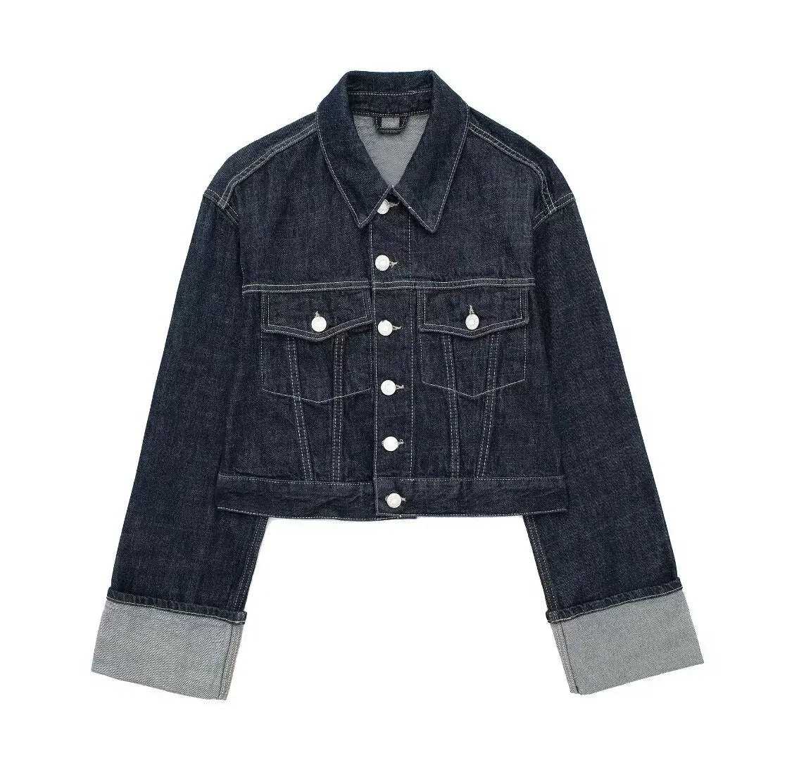 TRAFZA 2024 Autumn Female Vintage Denim Suit Long Sleeve Single Breasted Lapel Coat+High Waist Wide Leg Jeans Street Fashion Set-belleandkai.com