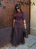 TRAFZA Women Elegant Half Sleeves O-Collar Pleated Dress Spring Woman Rear Zipper Splicing Vintage Casual Knitted Long Dress-belleandkai.com