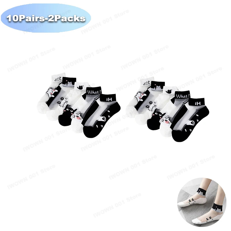 5 Pairs/lot of Womens Slass Filament Fiber Spring and Summer Thin Transparent Black Cat Socks Polyester Breathable Sock Sole-belleandkai.com