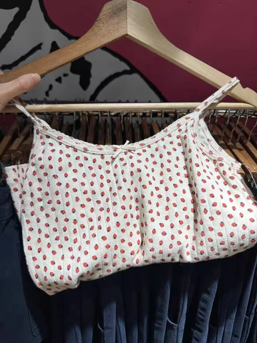 Strawberry Vest Shorts 2 Pieces Set Woman Eyelet Bow Slim Tank Top with Elastic Waist Patchwork Straight Short Pant Sweet Sets-belleandkai.com