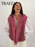 TRAFZA Women Fashion Print Vest Quilted Sleeveless Loose Open Stitch Cardigan Coat Female Chic Casual Street Woman Waistcoat Top-belleandkai.com