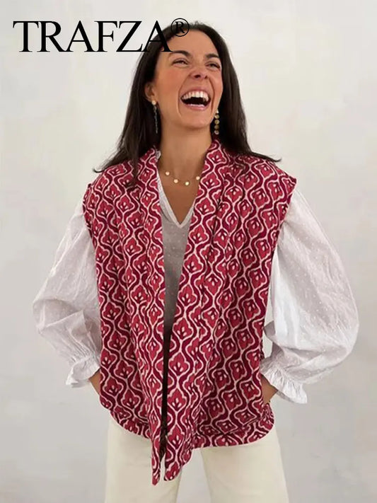 TRAFZA Women Fashion Print Vest Quilted Sleeveless Loose Open Stitch Cardigan Coat Female Chic Casual Street Woman Waistcoat Top-belleandkai.com
